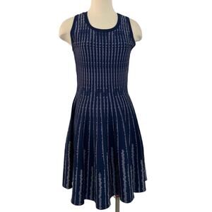 MILLY Sleeveless Fit and Flare Knit Dress Vertical Optic-Pattern Navy Blue Large